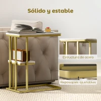 HOMCOM Mesa Auxiliar Estructura en C Estrecha con Estante Mesita de Noche Moderna 50x30x57,5 cm Blanco Efecto Mármol(m-7)