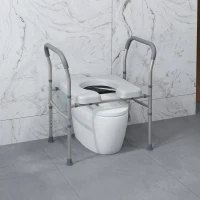 HOMCOM Siège de toilette percé multifonctionnel 4 en 1 avec hauteur réglable siège rembourré avec poignée gris(m-10)