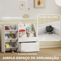 AIYAPLAY Estante Infantil para Brinquedos com 6 Caixas Removíveis 3 Prateleiras Abertas e Gaveta Inferior com Rodas 100x30x80 cm Branco(m-4)