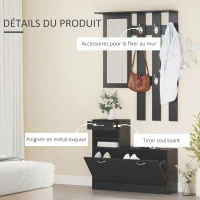 HOMCOM Ensembles 3 en 1 de meuble d'entrée vestiaire avec panneau porte-manteau, miroir et banc à chaussures - 6 crochets et étagère réglable, noir(m-5)