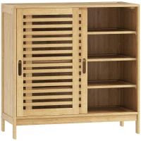 HOMCOM Zapatero con 2 Puertas Correderas de Lamas Estantes Ajustables para 16 Pares de Zapatos 80x35x80 cm Natural(m-1)