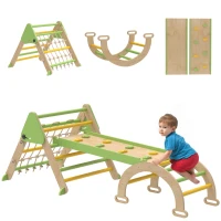AIYAPLAY 8-in-1 Montessori Indoor Climbing Frame Wooden Climbing Triangle with Climbing Arch, Double-Sided Slide, Green(m-6)