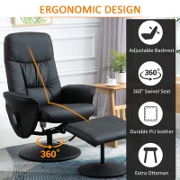 HOMCOM Fotoliu Relaxant cu Suport pentru Picioare, Reclinabil 145° cu Șezut Rotativ, cu 10 Puncte de Masaj, Negru(m-7)