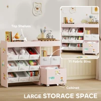 AIYAPLAY Kids Toy Storage Unit with 11 Bins, Cabinet, Top Shelves, 3 Stickers, for Nursery, Playroom, Pink(m-4)