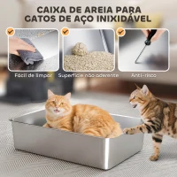 PawHut Caixa de Areia para Gatos de Aço Inoxidável XL com Tampa Articulada 180° Laterais Altas Pedal Pá 63x43x43 cm Cinzento Escuro(m-6)