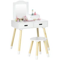 ZONEKIZ Tocador de Madera Infantil con Taburete y Espejo Centro de Belleza con 2 Cajones para 3-6 Años 60x40x95cm Blanco(m-10)