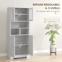 HOMCOM Credenza Cucina con 2 Armadietti e 3 Vani Aperti, Ante a Vetro e Ripiani Regolabili, 60x30x145.5 cm, Bianco(m-5)