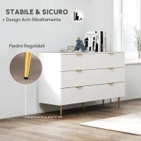 HOMCOM Cassettiera 6 Cassetti Mobile per Camera Moderno con Maniglie e Piedi Dorati, 120 x 40 x 76,5 cm, Bianco(m-6)