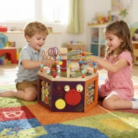 AIYAPLAY 8 in 1 Wooden Activity Cube with Bead Maze, Shape Sorter, for Kids Boys Girls 18+ Months(m-7)