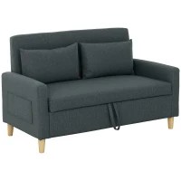 HOMCOM Divano 2 Posti con Spazio Portaoggetti e Cuscini, in Tessuto Effetto Lino e Legno, 135x72x84 cm, Grigio Carbone(m-11)