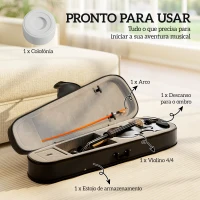 HOMCOM Violino 4/4 de Tamanho Completo em Madeira com Estojo  Arco Breu Afinadores Cordas e Suporte para Ombro 60x21x7 cm Preto(m-4)