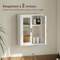 HOMCOM Armoire murale de salle de bain, meuble haut salle de bains avec 2 portes cannelées, étagère réglable, 40x14x50cm, blanc(m-4)
