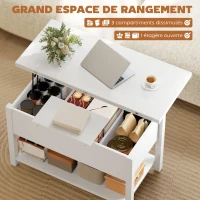 HOMCOM Table basse relevable et extensible table de salon avec compartiment caché étagère ouverte 100x45x50,5cm blanc(m-5)