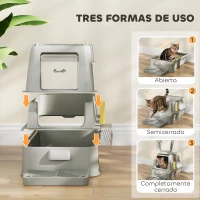 PawHut Arenero para Gatos de Acero Inoxidable XL con Tapa Abatible 180° Laterales Altos Pedal Pala Gris Claro(m-7)