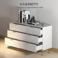 HOMCOM Cassettiera 6 Cassetti Mobile per Camera Moderno con Maniglie e Piedi Dorati, 120 x 40 x 76,5 cm, Bianco(m-4)