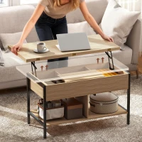 HOMCOM Table basse relevable et extensible, table de salon avec compartiment caché étagères ouvertes, 98x49x55cm, bois naturel(m-7)