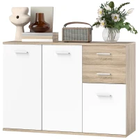 HOMCOM Sideboard Wohnzimmer, Aufbewahrungsmöbel mit 2 Schubladen, 3 Türen und höhenverstellbarem Einlegeboden, 106 x 35 x 76 cm, weiß und Naturholz(m-7)
