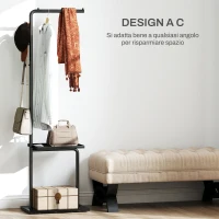 HOMCOM Appendiabiti da Terra a C con 3 Ganci, Barra e Vassoio Inferiore, Base in Pietra e Piedini Antiscivolo, Nero(m-6)