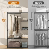 HOMCOM Armário para Roupas 182x43x185 cm Armário Aberto com 8 Prateleiras de Tecido Barras para Pendurar  182x43x185 cm Preto(m-4)