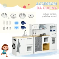 HOMCOM Cucina Giocattolo 2 Pezzi per Bambini 3-6 Anni con Utensili da Cucina, Luci ed Effetti Sonori, in MDF e PP(m-8)