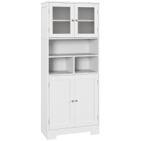 HOMCOM Credenza Cucina con 2 Armadietti e 3 Vani Aperti, Ante a Vetro e Ripiani Regolabili, 60x30x145.5 cm, Bianco