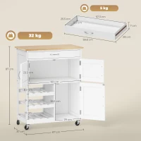 HOMCOM Carrello Cucina con Portabottiglie, 3 Ante, 4 Ruote e Cassetto, Mobiletto Cucina Salvaspazio per Microonde e Spezie in Legno, 67x37x87 cm, Bianco e Rovere(m-3)