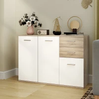 HOMCOM Sideboard Wohnzimmer, Aufbewahrungsmöbel mit 2 Schubladen, 3 Türen und höhenverstellbarem Einlegeboden, 106 x 35 x 76 cm, weiß und Naturholz(m-2)