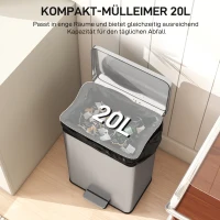 HOMCOM Prullenbak 20 L Pedaalemmer met Softclose-deksel, pedaal, uitneembare binnenemmer Zilver, 34,2 x 30,6 x 44,2 cm(m-4)