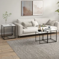 HOMCOM Lot de 3 tables basses carrées gigognes - acier noir panneaux aspect marbre blanc 50/45/39,5 cm(m-10)