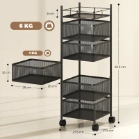 HOMCOM keukenwagen, 5 draaibare manden, 4 zwenkwielen, metalen frame, zwart(m-3)