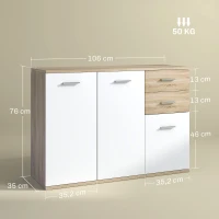 HOMCOM Sideboard Wohnzimmer, Aufbewahrungsmöbel mit 2 Schubladen, 3 Türen und höhenverstellbarem Einlegeboden, 106 x 35 x 76 cm, weiß und Naturholz(m-3)