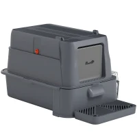 PawHut Caixa de Areia para Gatos de Aço Inoxidável XL com Tampa Articulada 180° Laterais Altas Pedal Pá 63x43x43 cm Cinzento Escuro(m-11)