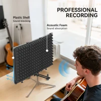 HOMCOM Studio Microphone Isolation Shield, Foldable Adjustable Recording Studio Equipment, 3-Panel High Density Absorbent Foam Shield with 3/8" Threaded Mount, Black(m-4)