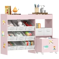 AIYAPLAY Kids Toy Storage Unit with 11 Bins, Cabinet, Top Shelves, 3 Stickers, for Nursery, Playroom, Pink(m-10)