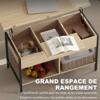 HOMCOM Table basse relevable et extensible, table de salon avec compartiment caché étagères ouvertes, 98x49x55cm, bois naturel(m-5)