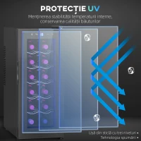 HOMCOM Frigider Termoelectric Dublu pentru 12 Sticle de Vin cu Ușă de Sticlă și Lumină LED, 26,5x51,5x65 cm, Negru(m-8)