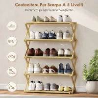 HOMCOM Mobile per Scarpe Pieghevole a 5 Livelli Pronto all'Uso, in Bambù, 60x29x88 cm, color Legno(m-6)