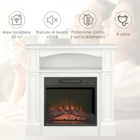 HOMCOM Camino Elettrico con Effetto Fiamma LED Regolabile 1800 W, Telecomando, Timer e Ripiano Integrato, Bianco(m-8)