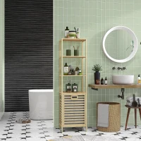 HOMCOM Etagère de rangement pour salle de bain en bambou avec 3 étagères et 1 panier à linge amovible 44L x 33l x 160H cm(m-10)