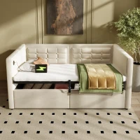 3ft Upholstered Single Sofa Bed with USB and Type-C Charging Station, Under-bed Storage with Side Pockets, 205L x 106W x 75H cm, Beige(m-8)