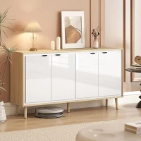 HOMCOM Buffet à haute brillance, meuble de rangement avec 4 portes, étagères réglables, 141 x 35 x 77 cm, blanc et chêne(m-10)