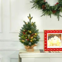 HOMCOM Sapin de Noël 60 cm arbre de Noël de table avec lumière LED, 141 pointes, pommes de pin et baies rouges, base en béton(m-10)