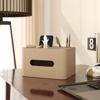 HOMCOM Organiseur de bureau rangement bureau multifonction avec 2 compartiments boîte à mouchoirs en bois naturel(m-10)