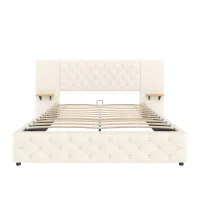 Modern Bed Frame with Wide Button-Tufted Headboard, Integrated LED Lighting, Bed Base with USB-C Ports, 209L x 221W x 103H cm, Beige(m-2)