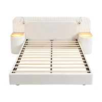 Upholstered 4ft6 Double Bed with Built‑in Bedside Reading Light, Matching Bedside Table, Sleeper for Living Room, 205L x 91W x 200.5H cm, Beige(m-2)