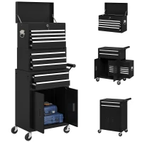 HOMCOM Cassetta portautensili 3-in-1, con 4 ruote, chiudibile con 9 cassetti, in acciaio, Nero(m-7)