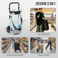 HOMCOM Chariot de courses pliable 40 L caddie de courses portable à roulettes avec poignée télescopique, 45,5x35,5x97cm, noir(m-4)