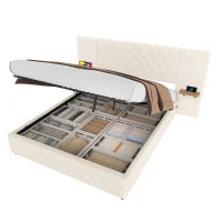 Modern Bed Frame with Wide Button-Tufted Headboard, Integrated LED Lighting, Bed Base with USB-C Ports, 209L x 221W x 103H cm, Beige(m-10)