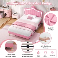 3ft Single Upholstered Bed with Adjustable Crown Headboard, PU Leather Platform, Bed Base for Living Room, 194L x 103W x 125H cm, Pink(m-6)