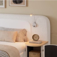 Upholstered 4ft6 Double Bed with Built‑in Bedside Reading Light, Matching Bedside Table, Sleeper for Living Room, 205L x 91W x 200.5H cm, Beige(m-8)